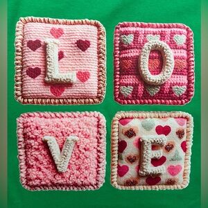 NEW Large Pink LOVE Letter Decorative Crochet Squares with Hearts t-shirt